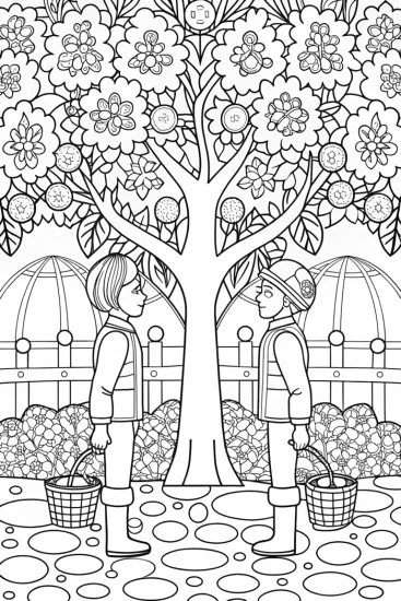 A coloring page of Champions in a magical orchard