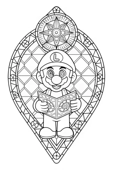 A coloring page of Luigi holding a treasure map