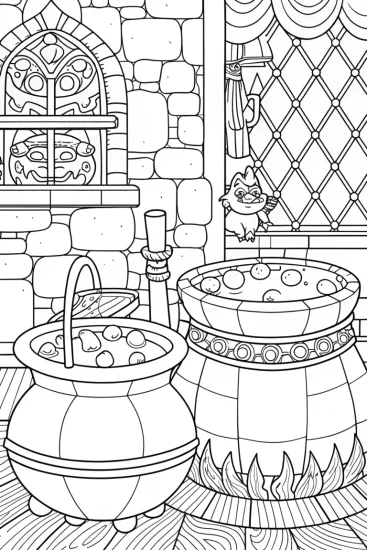 A coloring page of Bowser brewing potions