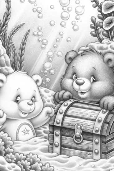 A coloring page of Care Bears underwater treasure festival
