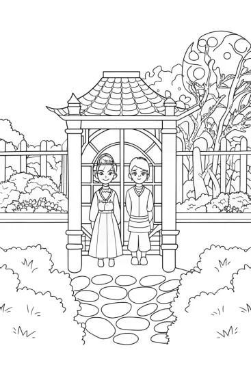 A coloring page of Demon Slayer in the sky garden