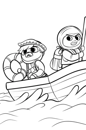 A coloring page of Gingerbread rescue team on a boat