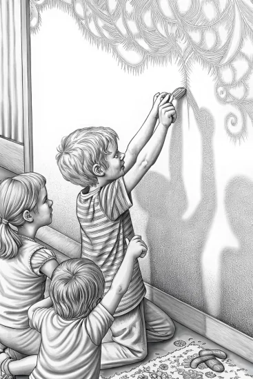 A coloring page of Children making shadow puppets