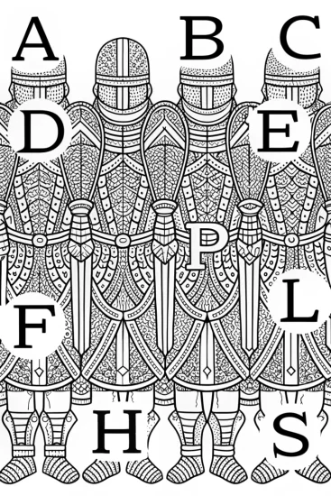 A coloring page of Alphabet knights on a quest