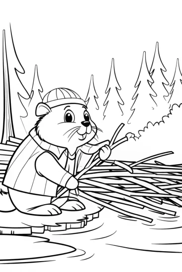 A coloring page of Beaver building a bridge