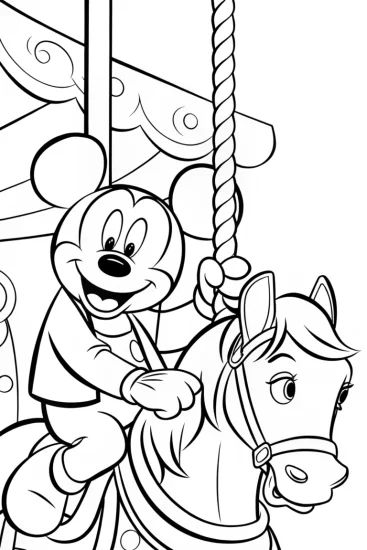 A coloring page of Mickey Mouse riding a carousel