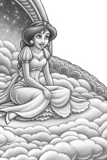 A coloring page of Jasmine on a fluffy cloud