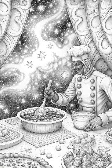 A coloring page of Venom as a cosmic chef