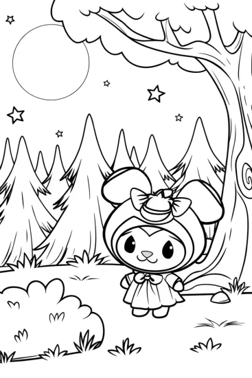 A coloring page of Kuromi’s moonlit forest adventure