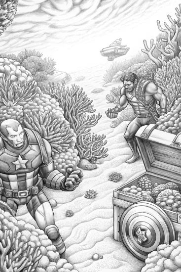 A coloring page of Avengers underwater treasure hunt