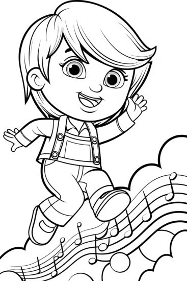 A coloring page of JJ jumping on musical clouds