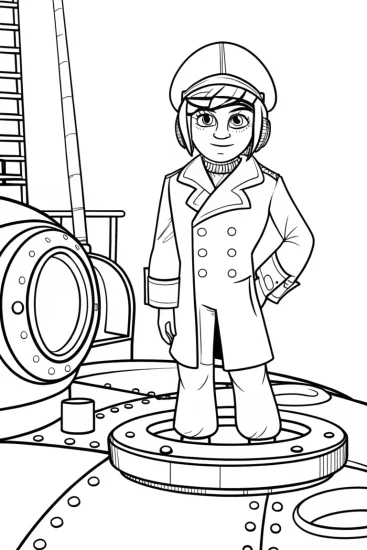 A coloring page of Captain Barnacles on a submarine