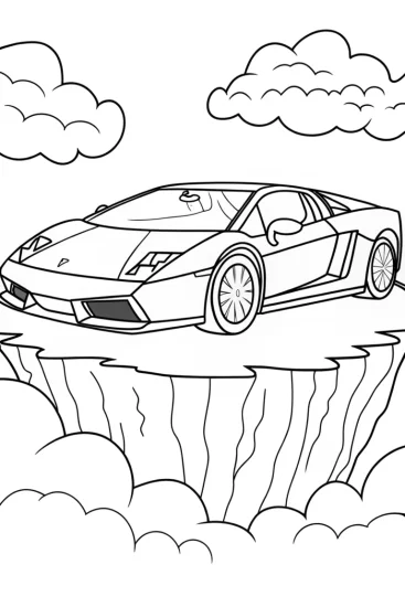 A coloring page of Lamborghini on a floating island