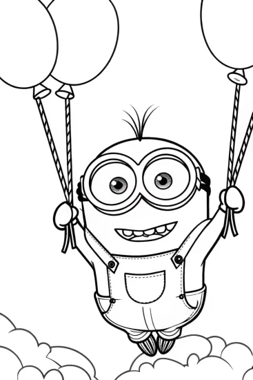 A coloring page of Minion floating on a balloon