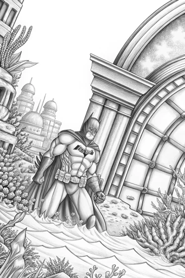 A coloring page of Batman exploring an underwater city