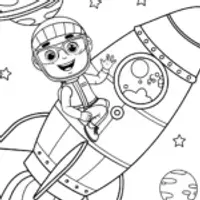 Blippi flying a colorful rocket