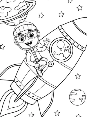 Blippi flying a colorful rocket coloring pages
