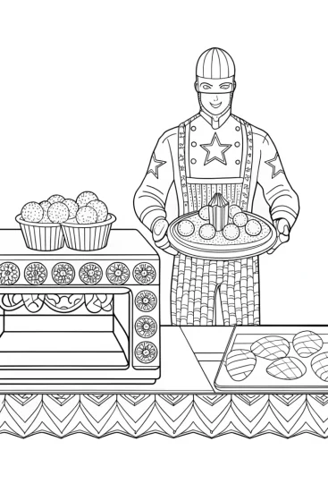 A coloring page of Captain America baking a cake