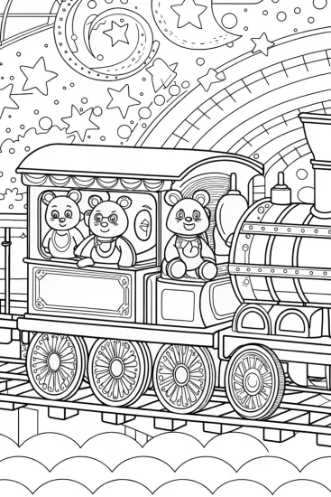 A coloring page of Care Bears time-traveling train