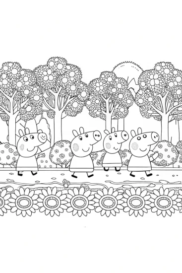 A coloring page of Peppa Pig’s garden parade