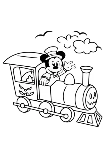 A coloring page of Mickey Mouse Halloween train ride
