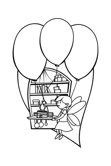 A coloring page of Fairy inventor in the balloon workshop