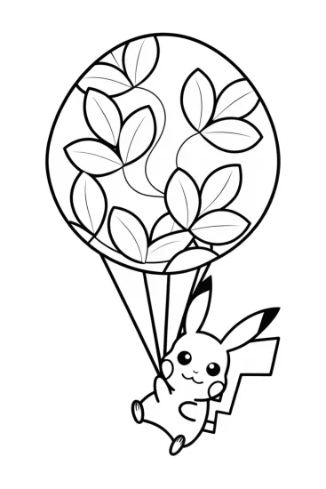 A coloring page of Pikachu in a leaf balloon