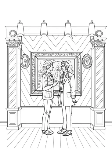 A coloring page of Steve and Alex at the art gallery
