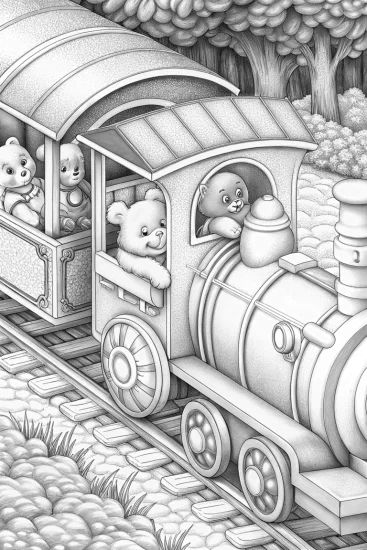 A coloring page of Care Bears train adventure