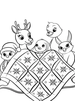 Animals around the Christmas quilt coloring pages