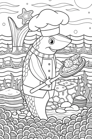 Shark chef cooking in the ocean coloring pages
