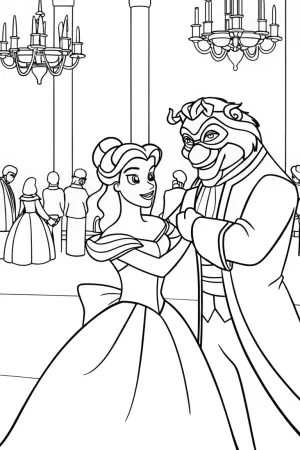 Belle and Beast at the masquerade coloring pages