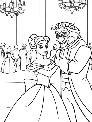 Belle and Beast at the masquerade coloring pages