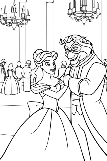 A coloring page of Belle and Beast at the masquerade