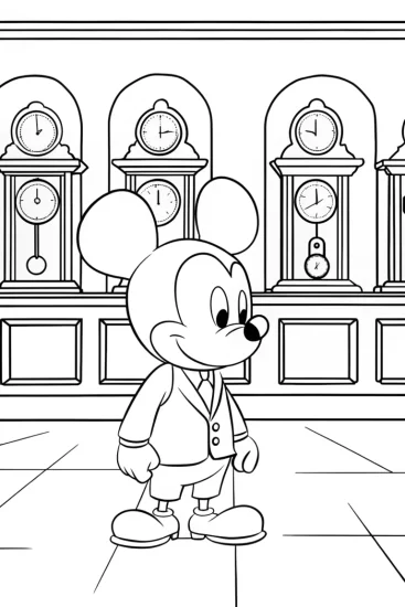 A coloring page of Mickey Mouse in the clock shop