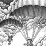 Children skydiving in summer sky