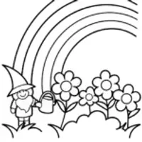 Gnome watering a rainbow garden