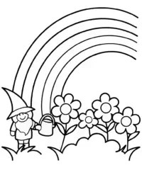 Gnome watering a rainbow garden