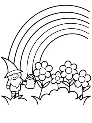 Gnome watering a rainbow garden coloring pages