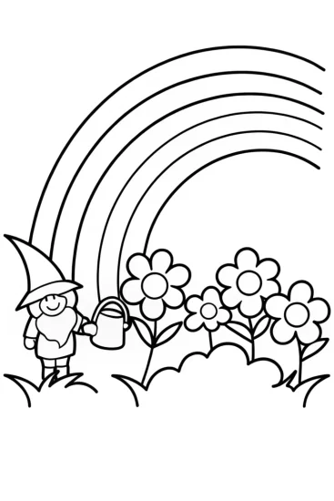 A coloring page of Gnome watering a rainbow garden