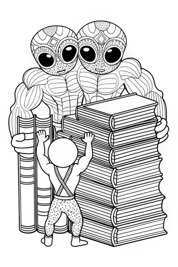 A coloring page of Hulk helps aliens reach books