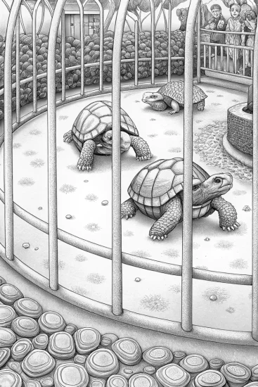 A coloring page of Turtles in a reverse zoo