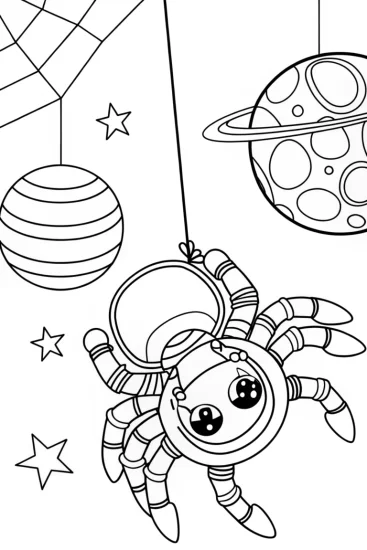 A coloring page of Spider astronaut exploring space