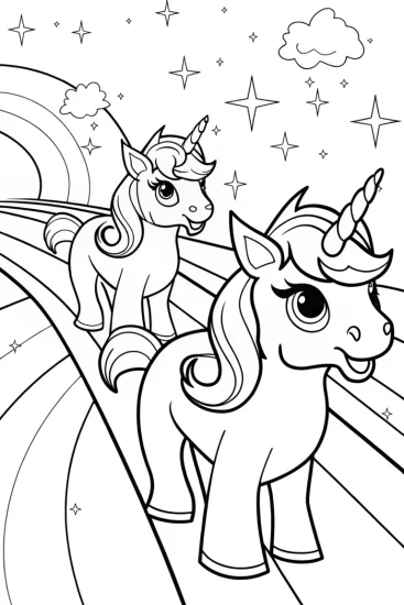 A coloring page of Unicorns on a cosmic runway