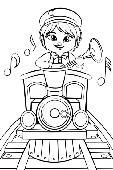 A coloring page of JJ on a musical train ride