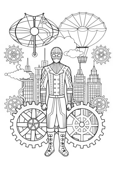 A coloring page of Spider-Man in a steampunk world