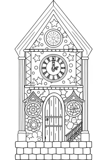 A coloring page of Squishmallows time travel in a clock tower