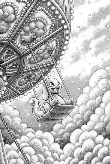 A coloring page of Charmander riding a cloud carousel