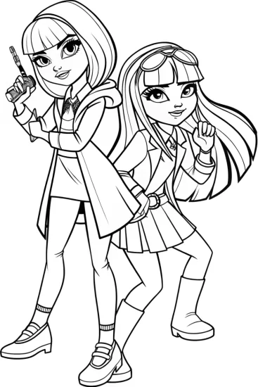 A coloring page of Rainbow High students time traveling