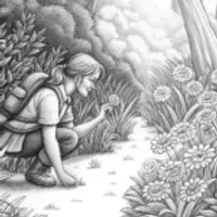 Flamingo botanist exploring a forest